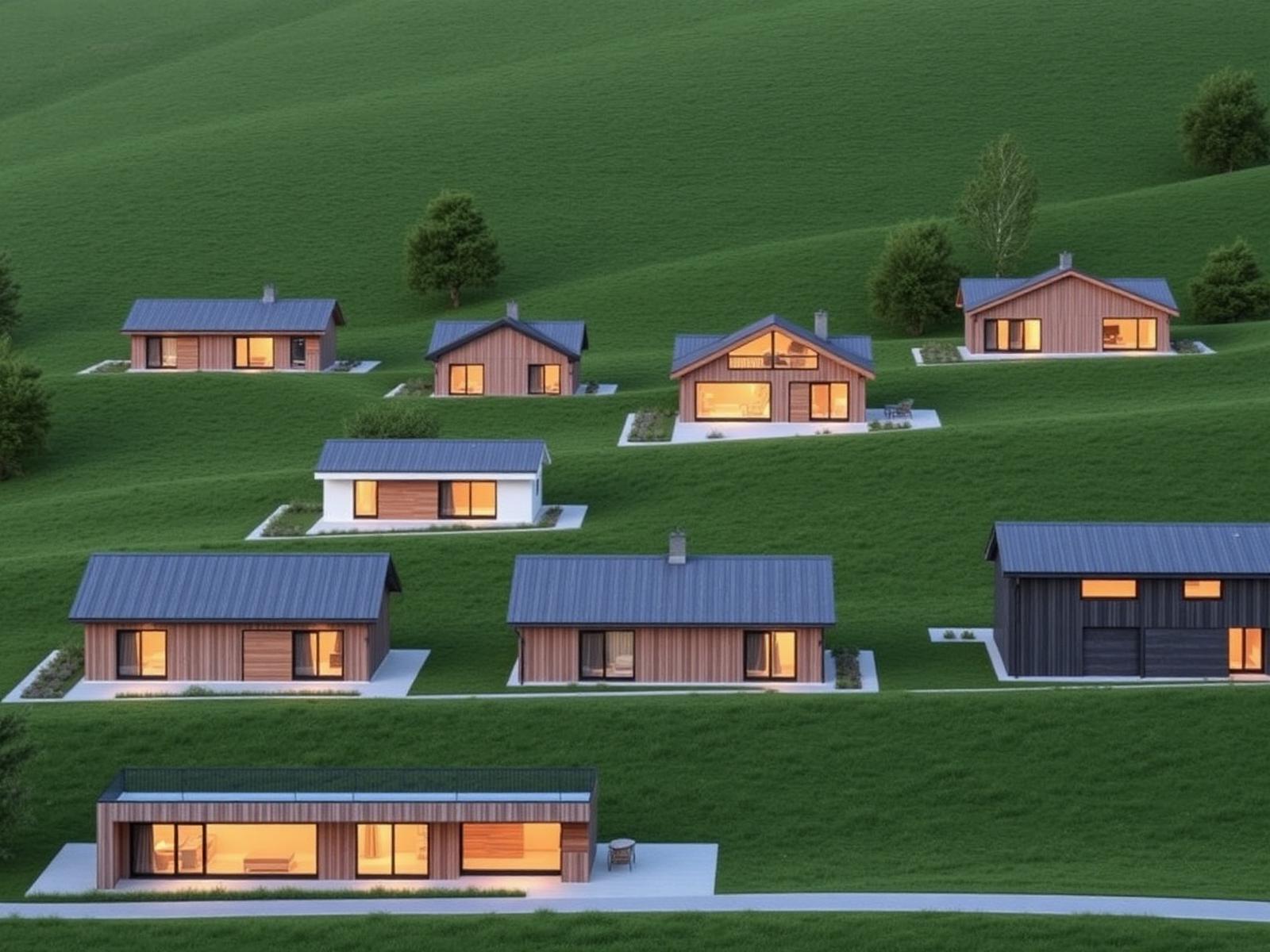 Visualisierung der acht Einfamilienhäuser Riedmühle bei Winterthur